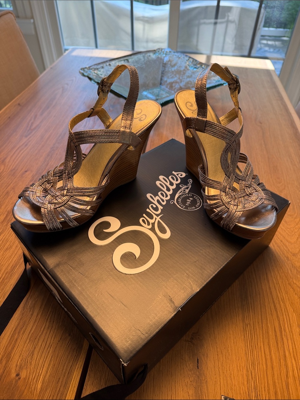 Seychelles Bronze Metallic Woven Wedge Sandals
